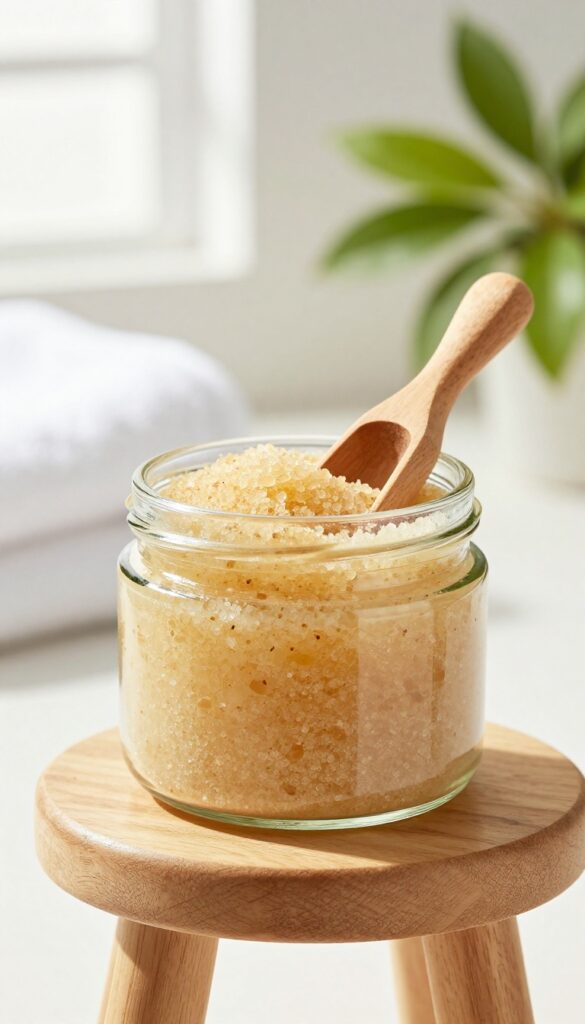 Vanilla sugar body scrub in a glass jar with a wooden scoop in a bright bathroom