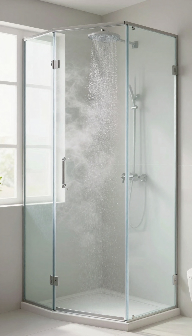 A warm shower in a bright, modern bathroom with soft steam and natural light.