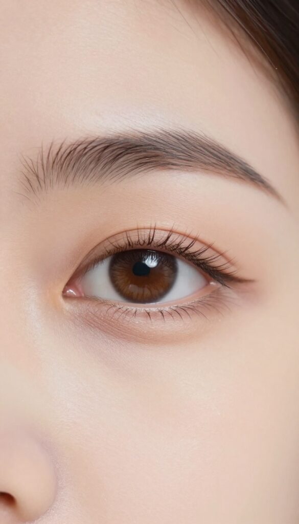 Close-up of a woman's eye with brown mascara for a soft natural makeup look