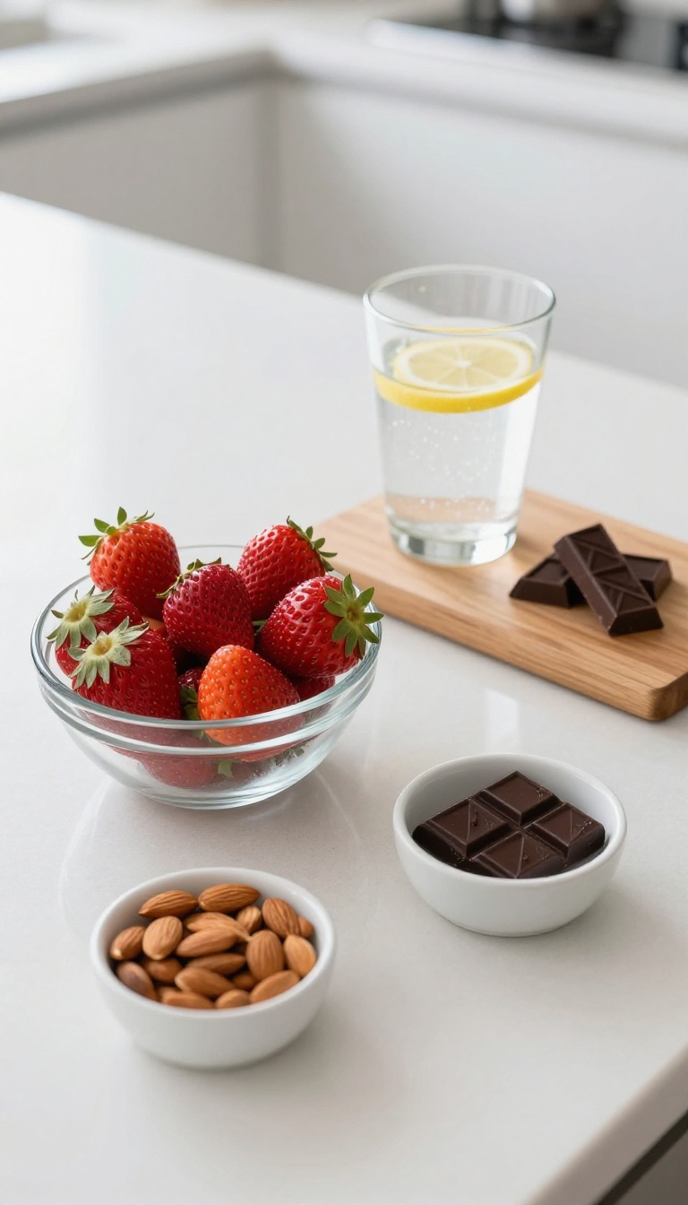 Healthy snack alternatives for glowing skin: fresh strawberries, almonds, sparkling water with lemon, and dark chocolate on a kitchen counter.