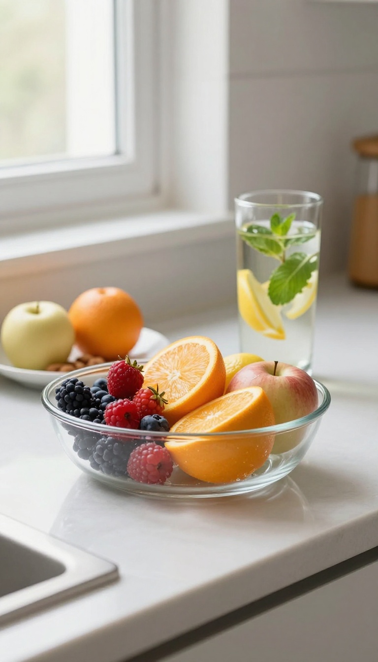 Fresh fruit, almonds, and infused water on a kitchen counter representing healthy swaps to reduce sugar and processed foods