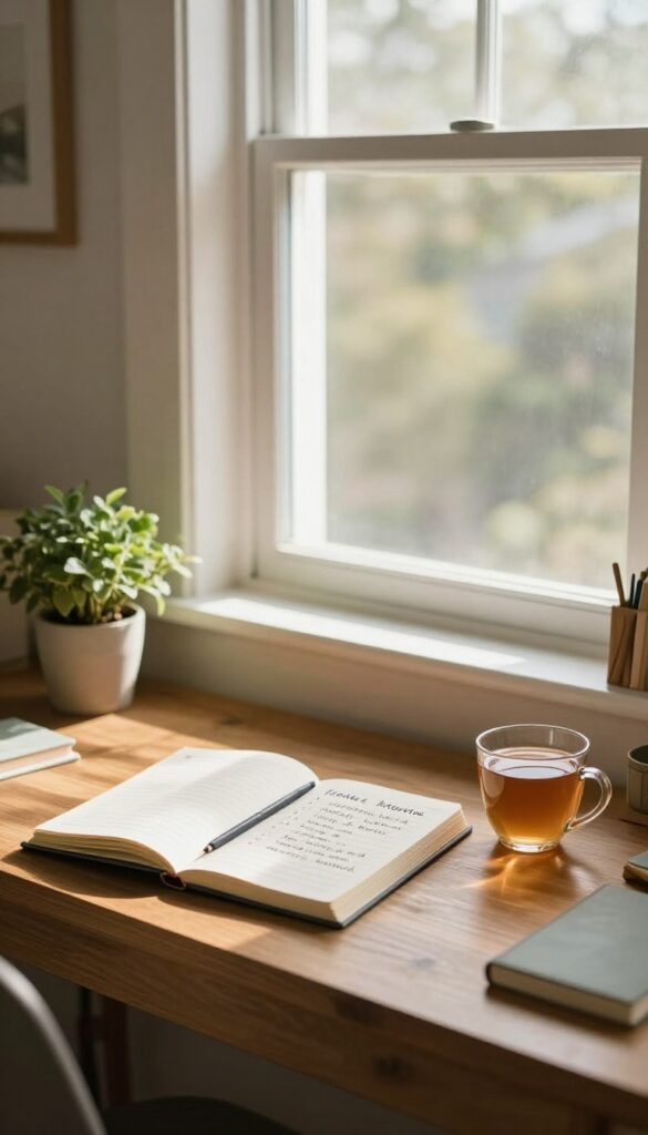 A cozy study nook with a planner and tea, symbolizing setting intentions for the semester.