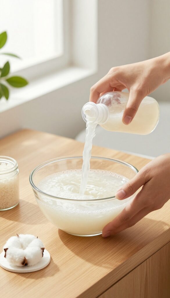 Woman pouring rice water into a spray bottle for use as a gentle toner