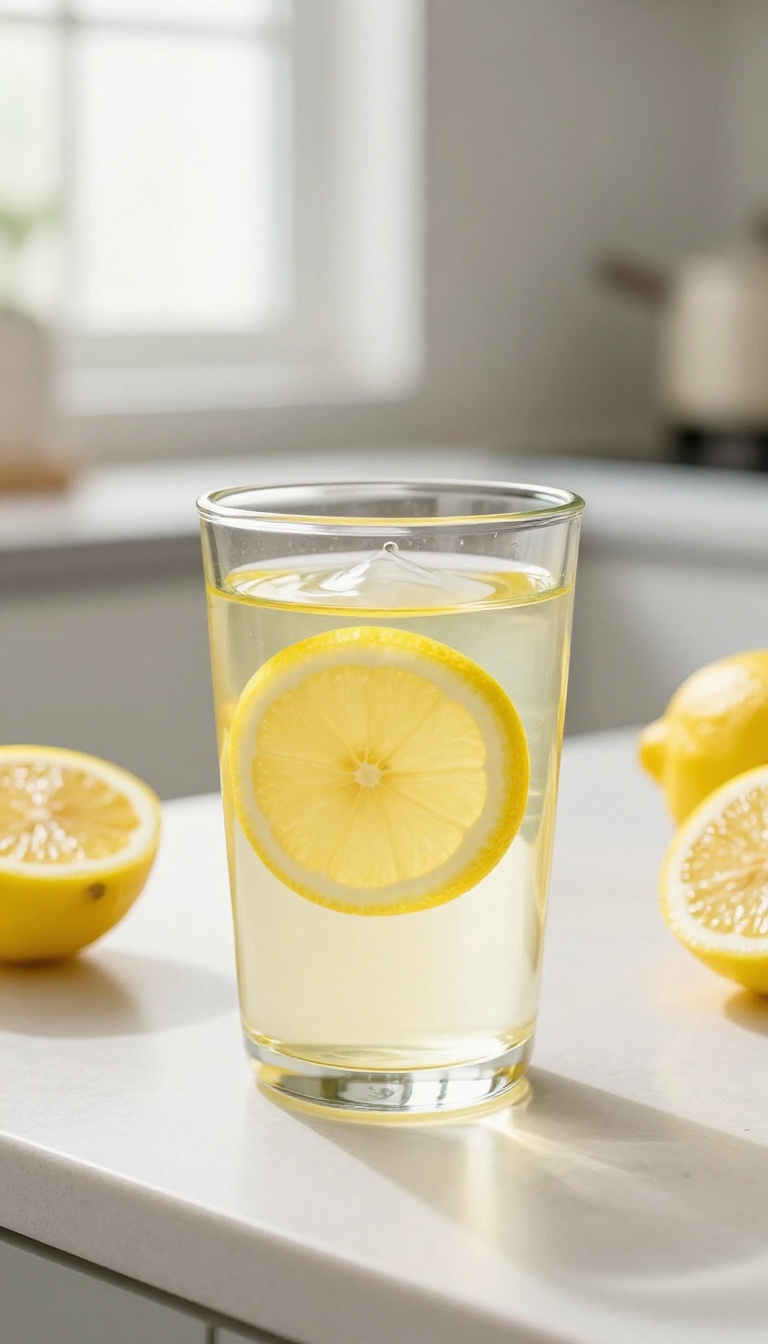A glass of lemon water on a bright kitchen counter with fresh lemons nearby, representing a healthy morning habit.
