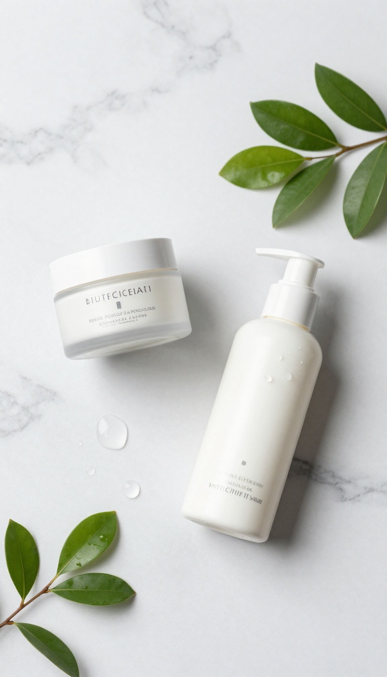 A minimal skincare routine flat lay with cleanser, moisturizer, and sunscreen on a white marble surface with green leaves and water droplets.