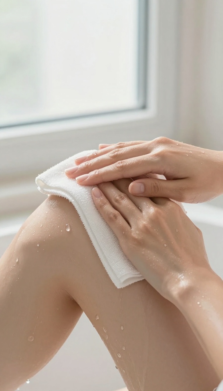 Person gently scrubbing underarm with a washcloth in a bright shower