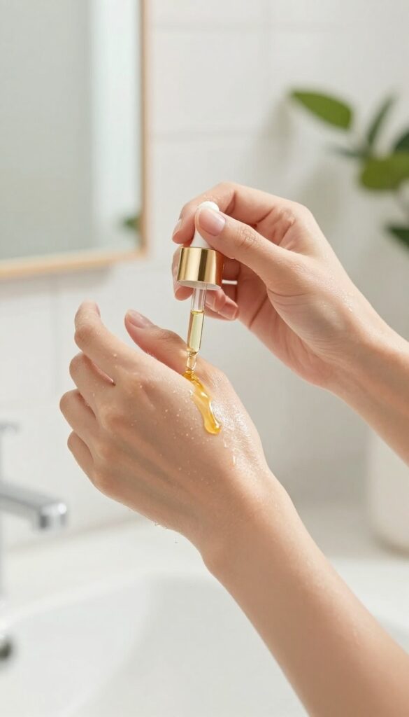 Woman applying body oil to damp skin for a quick glow