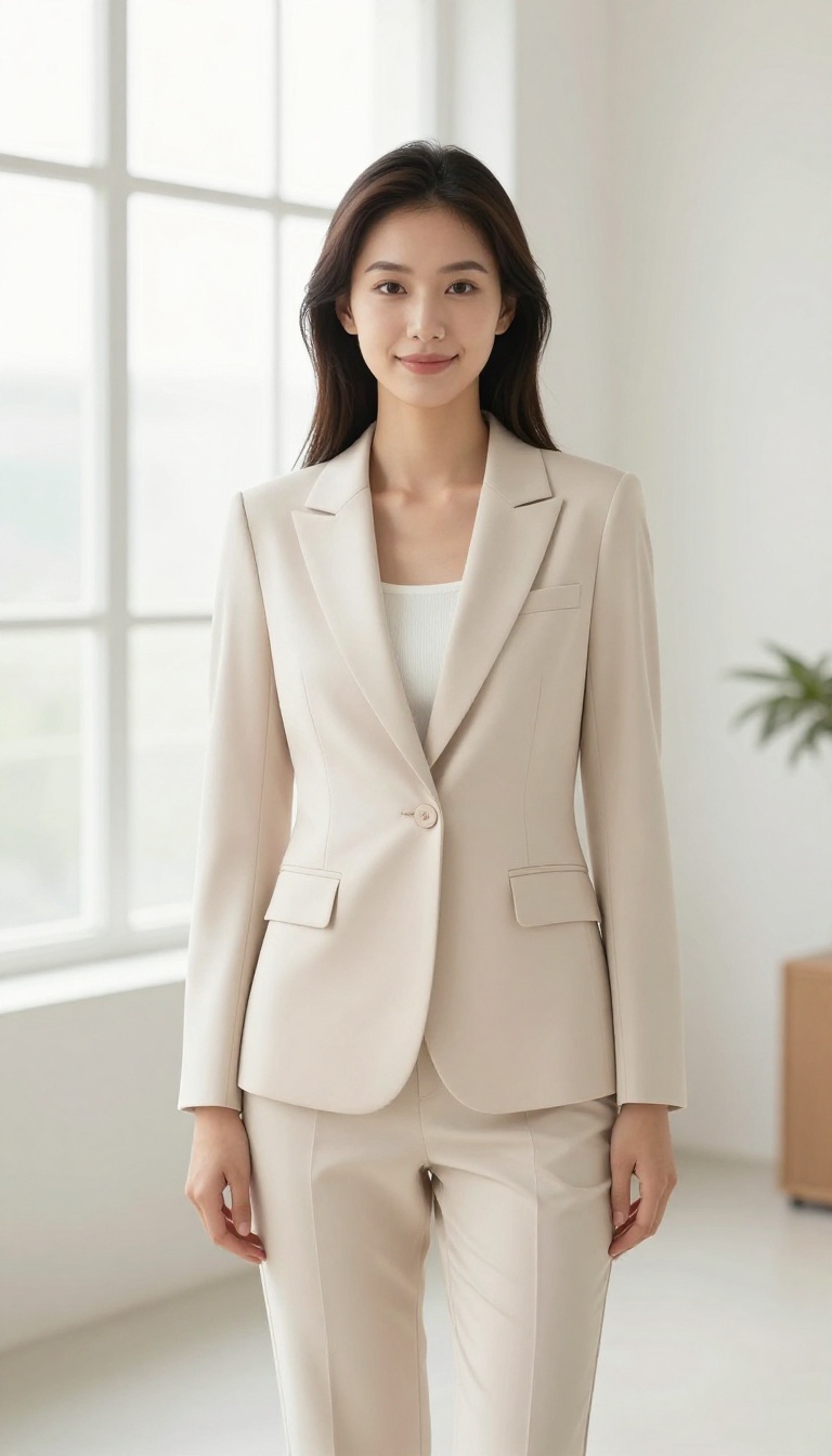 Woman in well-fitted blazer and trousers in bright room
