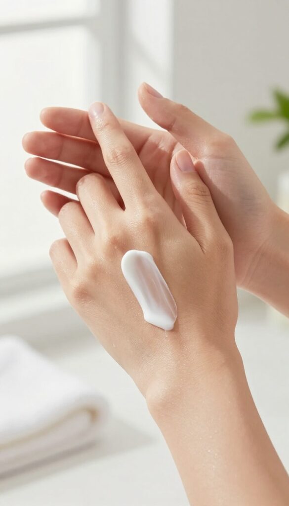 Hand applying rich lotion to damp skin, capturing the texture and hydration benefits for dry skin.