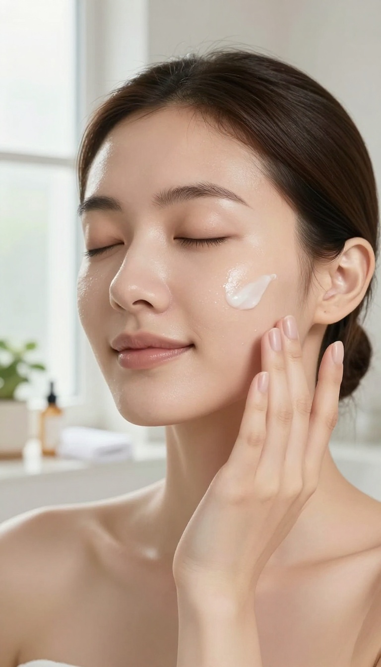 Woman applying moisturizer in soft morning light with minimal skincare products on a clean counter.