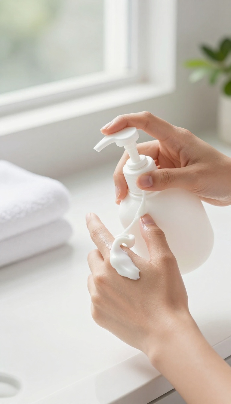 Hands applying hydrating body lotion from a pump bottle in a bright bathroom
