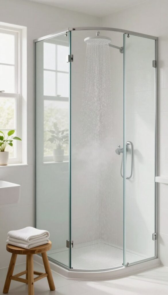 Warm shower in a bright bathroom with steam and natural light, promoting gentle skin care.