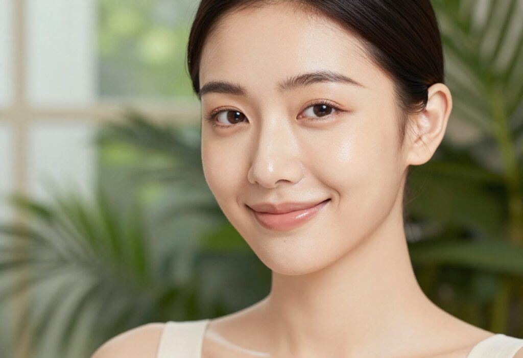 Woman with clear dewy skin smiling in natural light