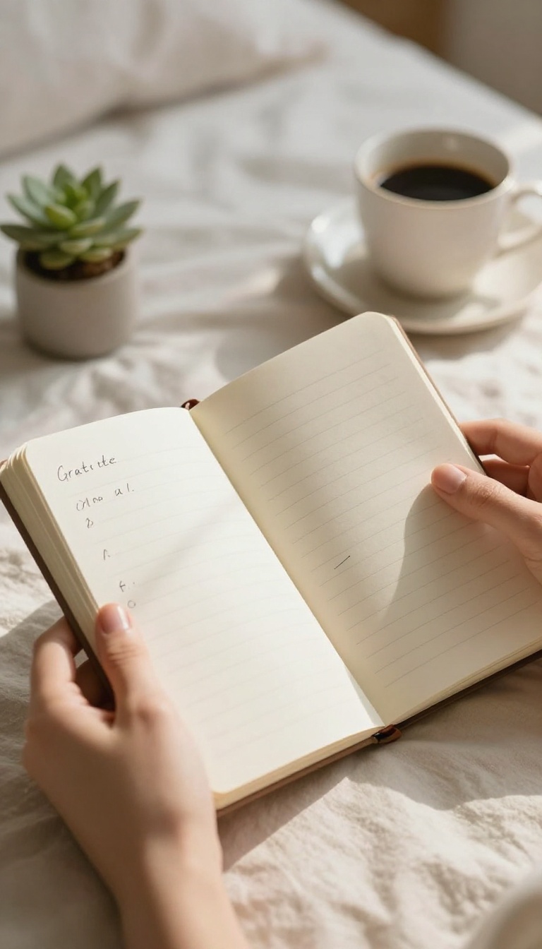 Hands holding a notebook with a gratitude list in soft morning light