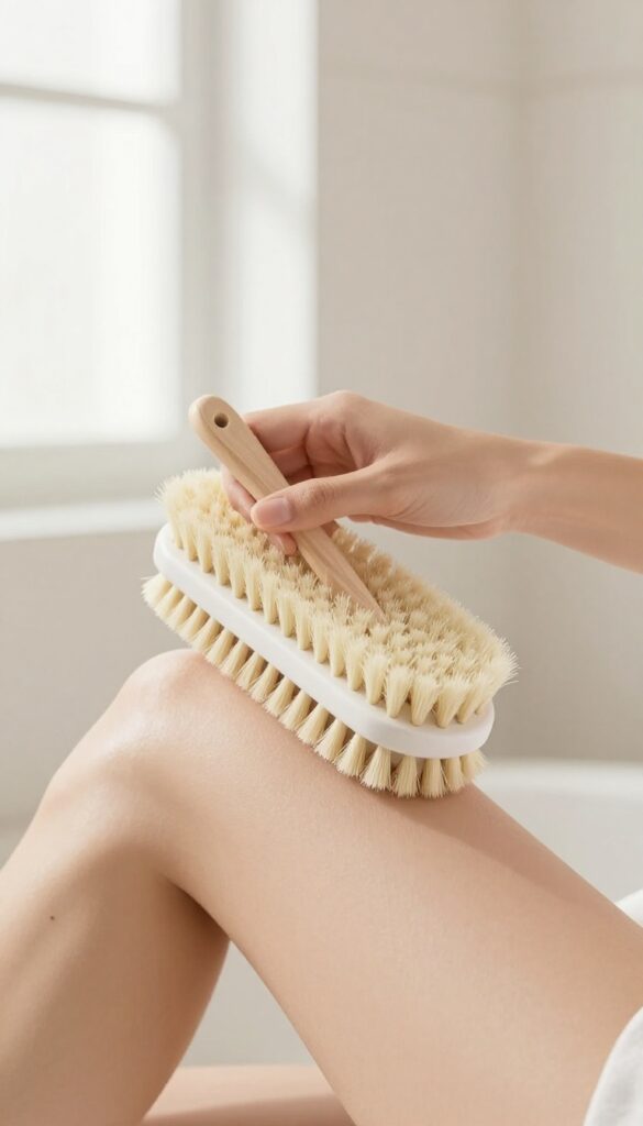 Woman dry brushing her skin with a natural-bristle brush in a bright bathroom