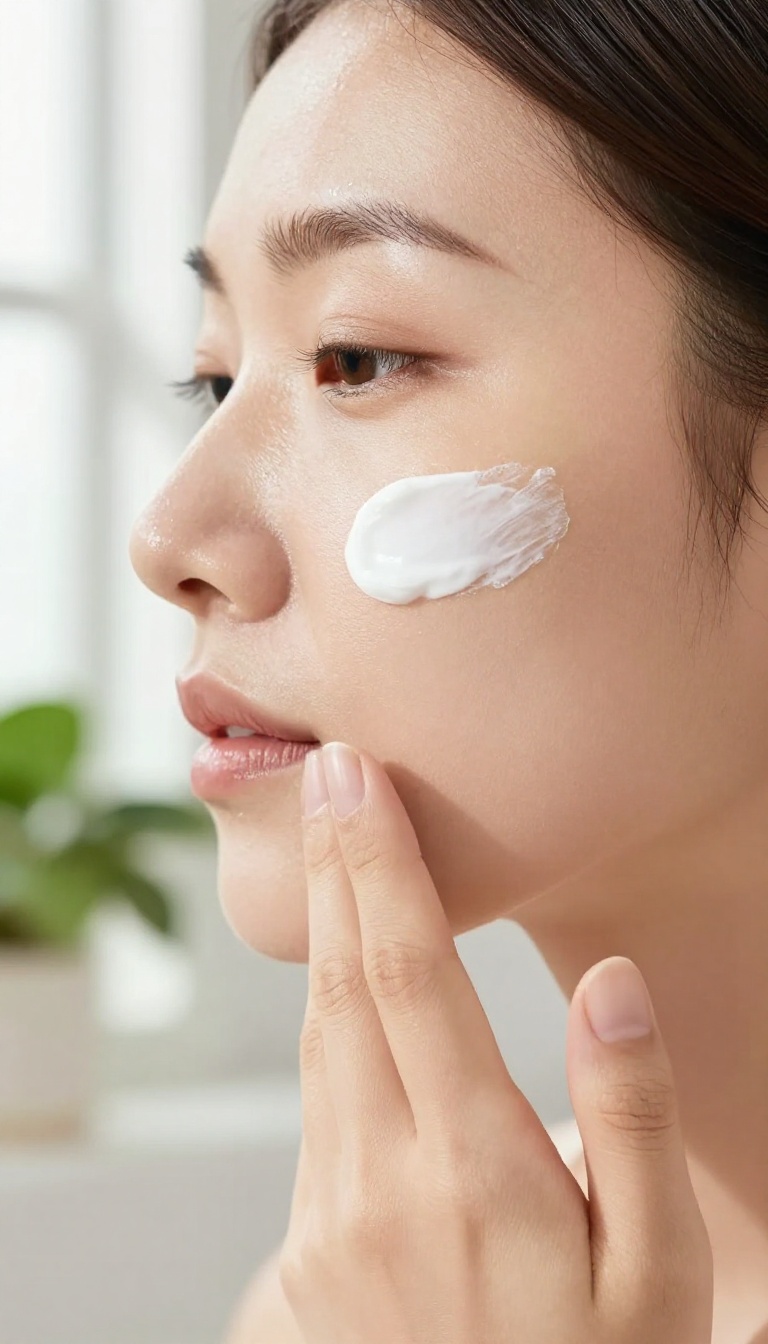 Woman applying sunscreen to her face in bright natural light