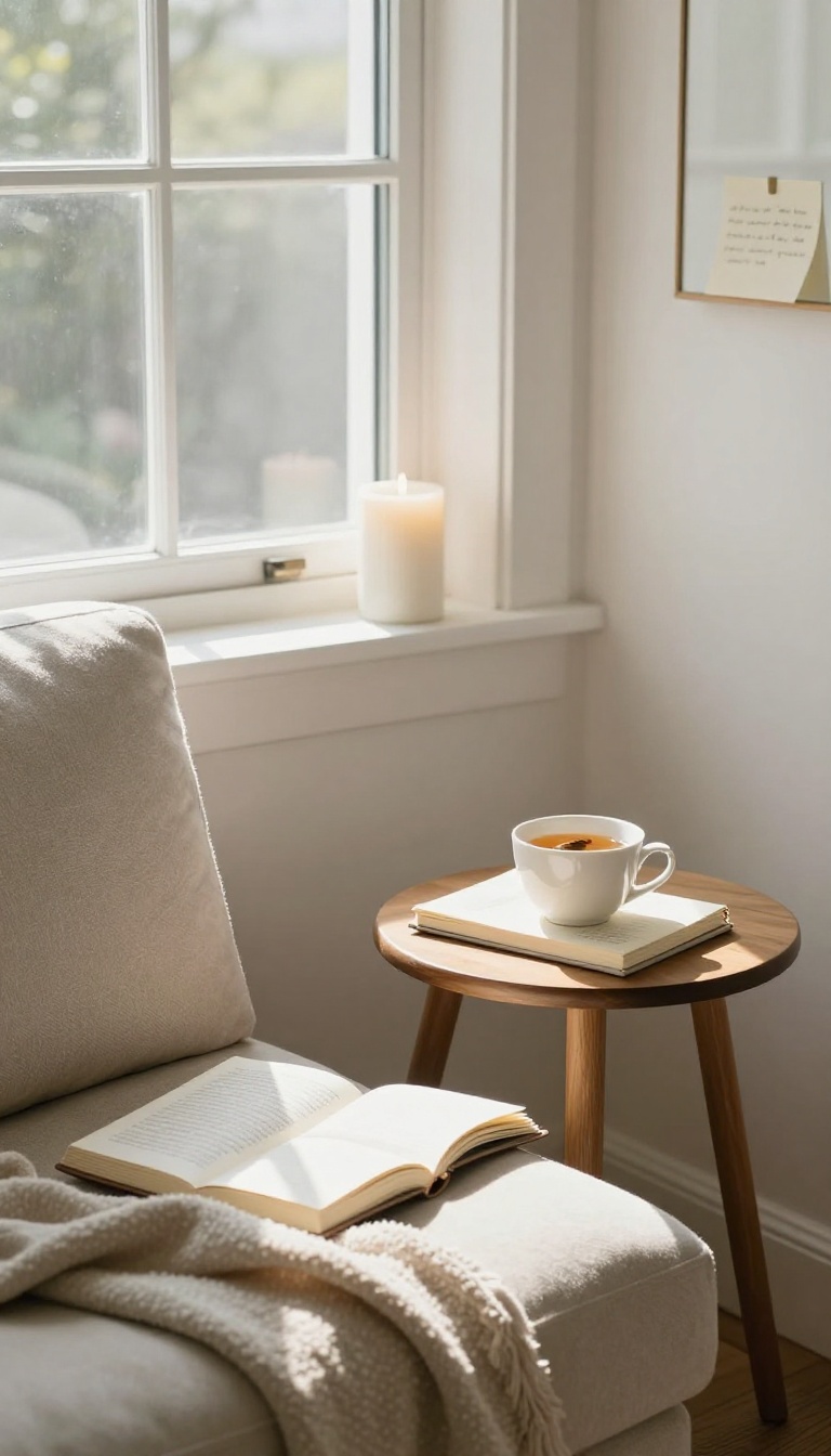 A calm, sunlit corner with a journal, tea, and a lit candle, symbolizing setting a single intention for the week.