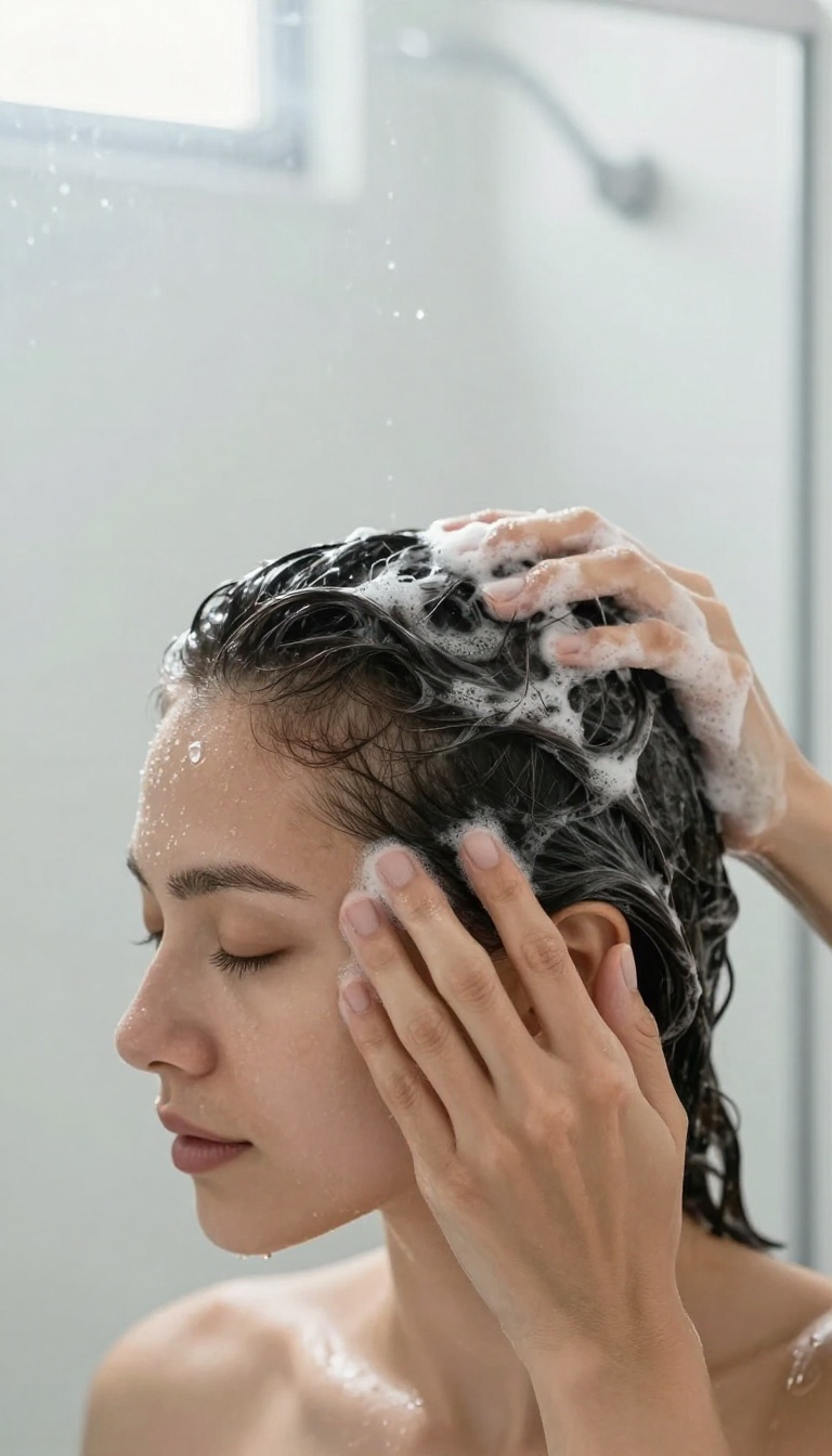 Woman washing her hair in the shower, focusing on scalp massage with shampoo foam and water droplets.