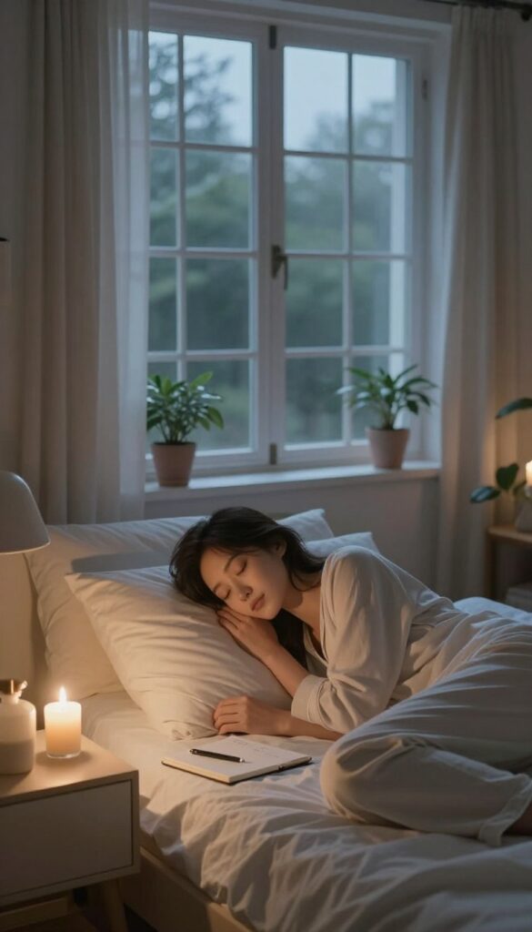 Woman practicing a gratitude ritual at night in a calm bedroom
