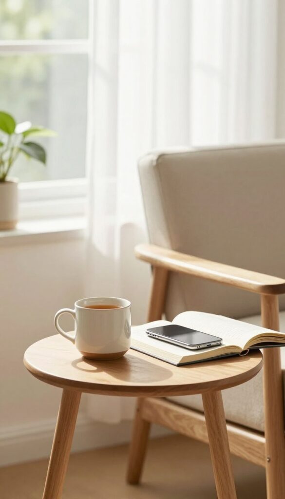 Cozy armchair with tea and book, smartphone face-down, symbolizing a social media detox weekend