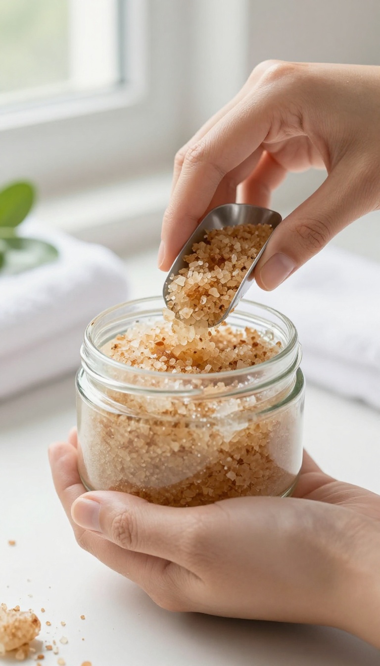 Woman's hand scooping natural sugar body scrub from a glass jar in a bright bathroom