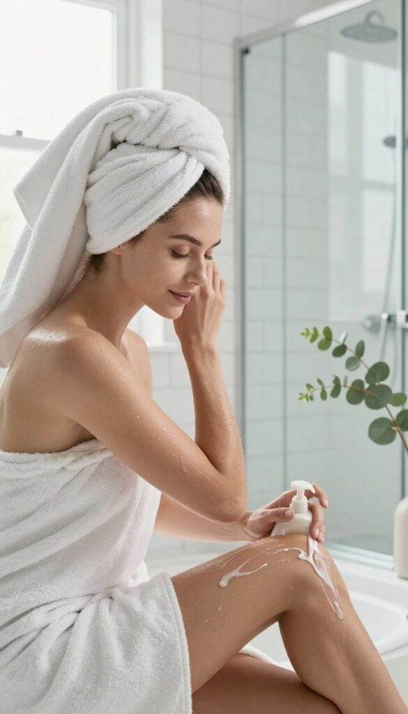 Woman applying body lotion to her damp skin in a bright bathroom after a shower, emphasizing the importance of moisturizing within three minutes to lock in hydration for smooth, glowing skin.