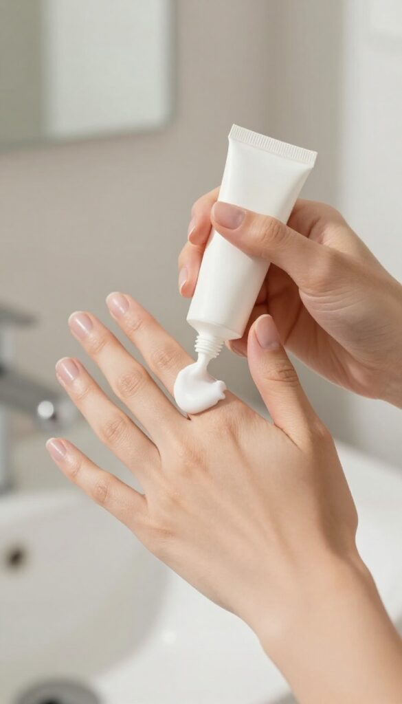 Woman massaging hand cream into her hands and cuticles in a bright, clean bathroom setting.