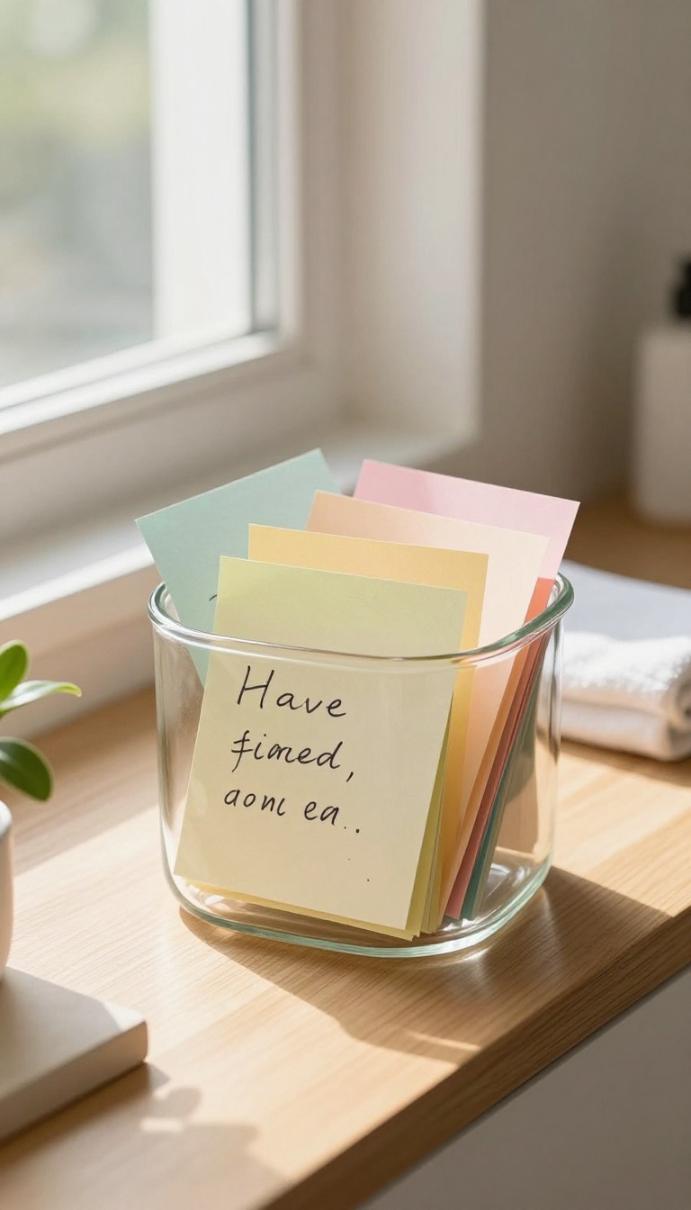 A glass jar filled with handwritten notes on a wooden counter in a bright bathroom, symbolizing a wins jar for celebrating small achievements.