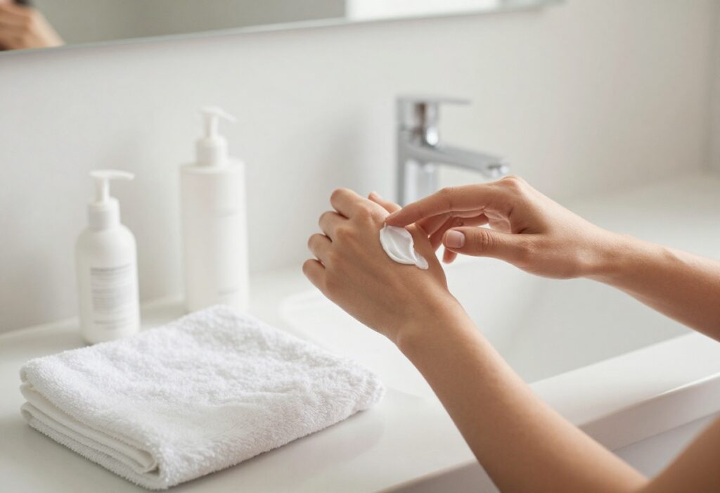 Person applying body lotion in a bright bathroom
