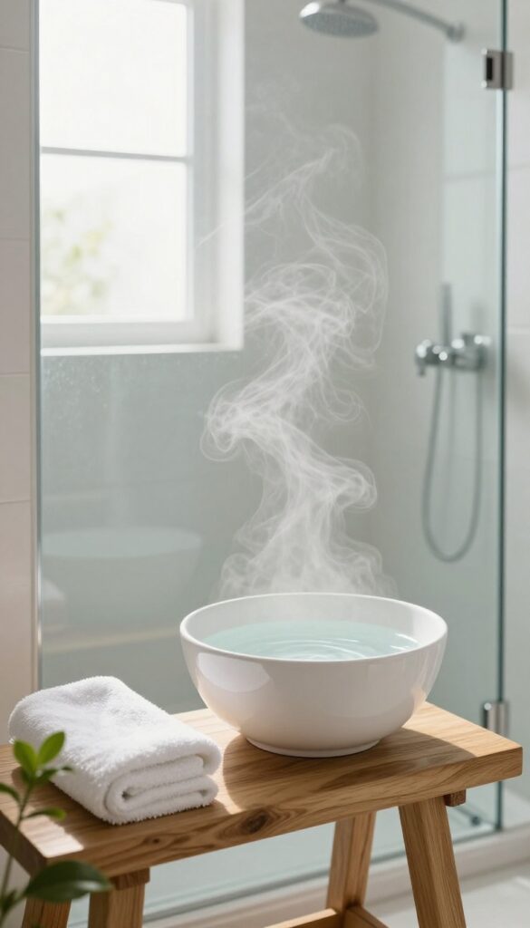 A calm bathroom setting with a glass shower and a bowl of lukewarm water, symbolizing a gentle body skincare routine.