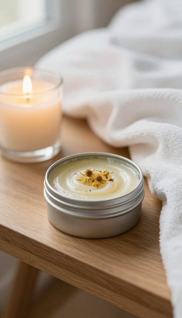 Vanilla and chamomile sleep balm in a tin on a bedside table with a candle and blanket