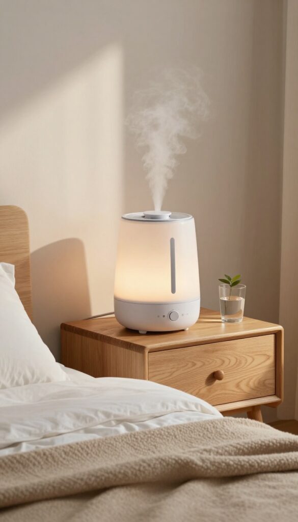 Modern humidifier on a nightstand in a bright, cozy bedroom, emitting mist to add moisture to dry air for skin hydration.