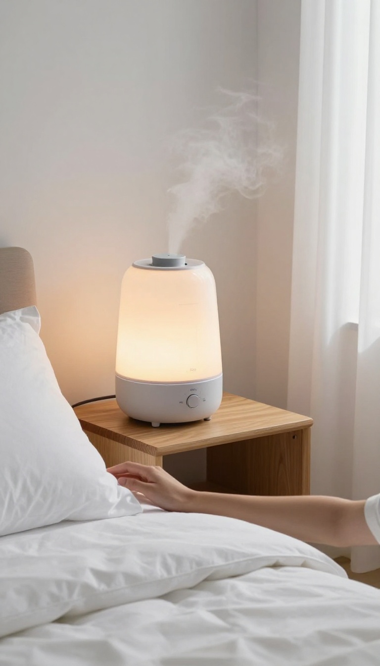 A humidifier on a nightstand in a cozy bedroom, promoting overnight skin hydration