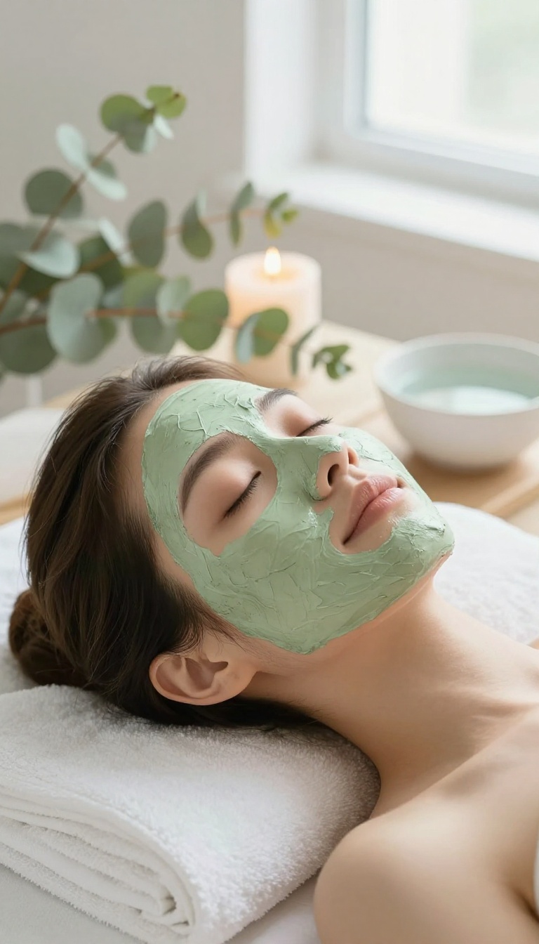 Woman relaxing with a green clay face mask in a bright spa-like setting