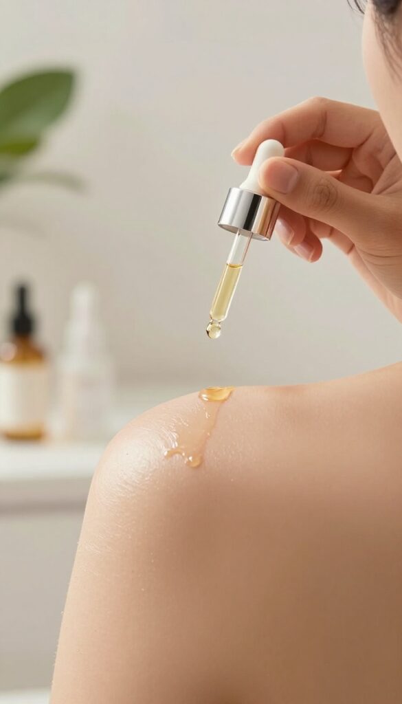 Woman applying vitamin C body serum to her arm in a bright bathroom, showcasing glowing, smooth skin.