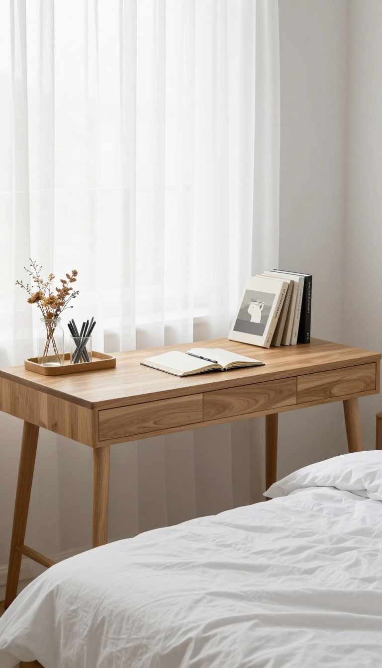 A clean, organized desk with neatly arranged supplies in a bright, airy room, symbolizing daily decluttering and a refreshed mindset.