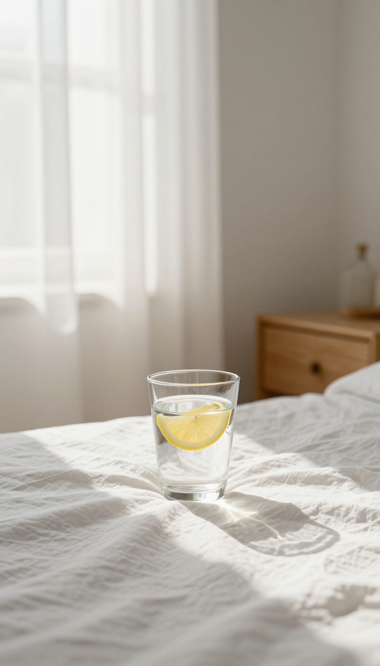 A glass of water with lemon on a nightstand in a bright bedroom, symbolizing morning hydration for a glow up