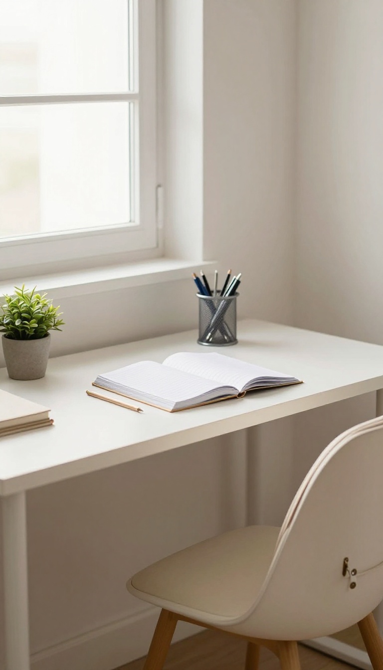 Organized study space with a tidy desk, plant, and backpack, symbolizing a clear mind for school.