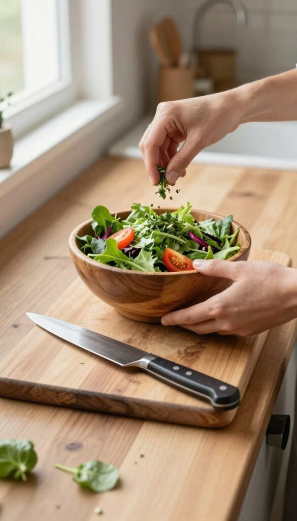 Hands preparing a fresh healthy salad with colorful vegetables on a wooden kitchen counter.