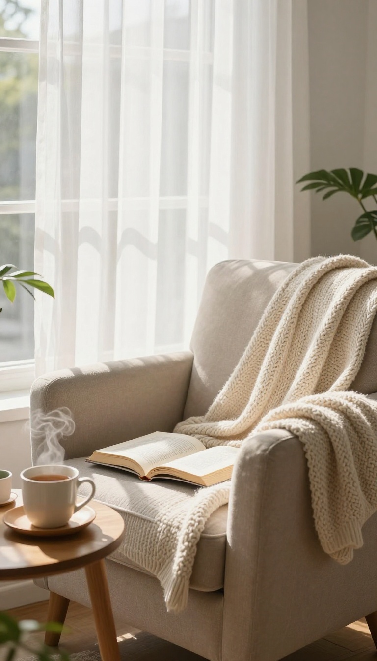 A cozy reading nook with an open book, warm tea, and soft natural light, inviting relaxation and the joy of reading for fun.