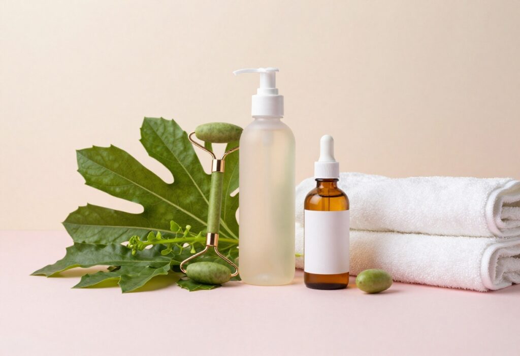 Flat lay of natural beauty products for a one-week glow-up