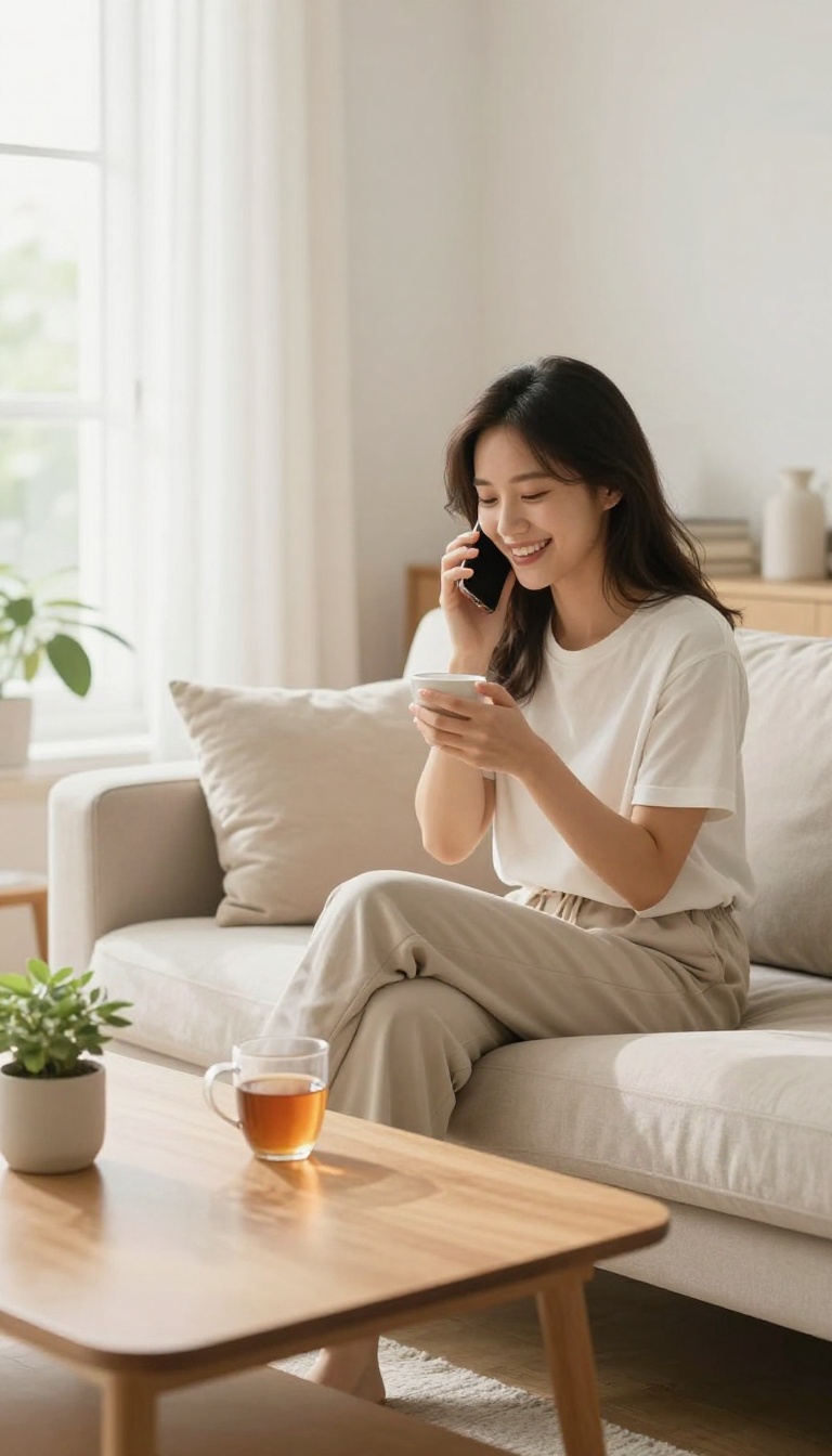 A woman smiling while talking on the phone in a bright, cozy living room