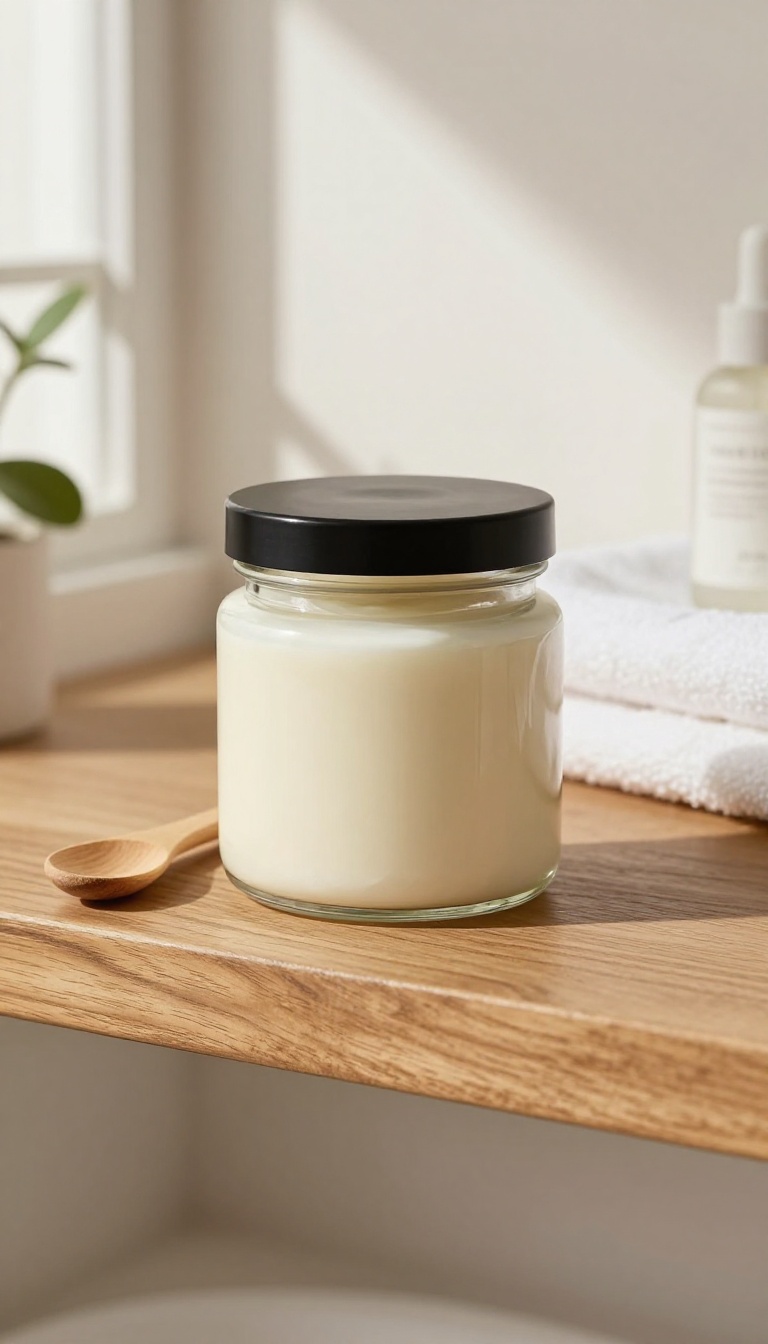 A glass jar of body cleansing balm on a wooden shelf in a bright, spa-like bathroom