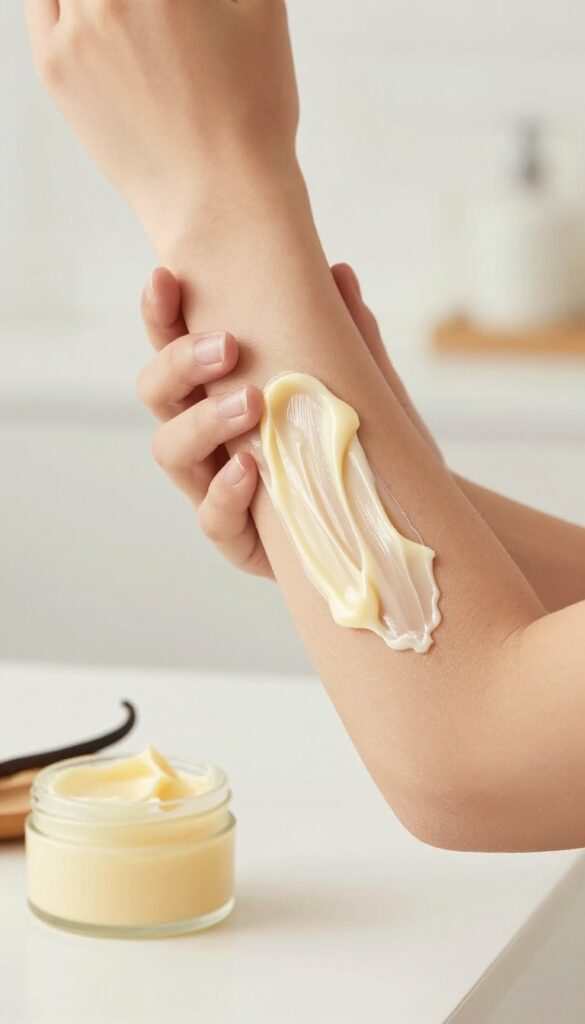 Hands applying vanilla and shea butter lotion to elbow in a bright bathroom
