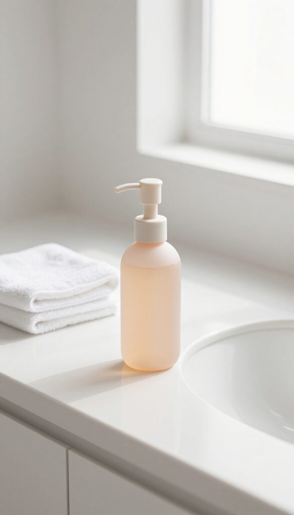 A minimalistic feminine wash bottle on a clean bathroom counter with a soft towel, bathed in natural light.