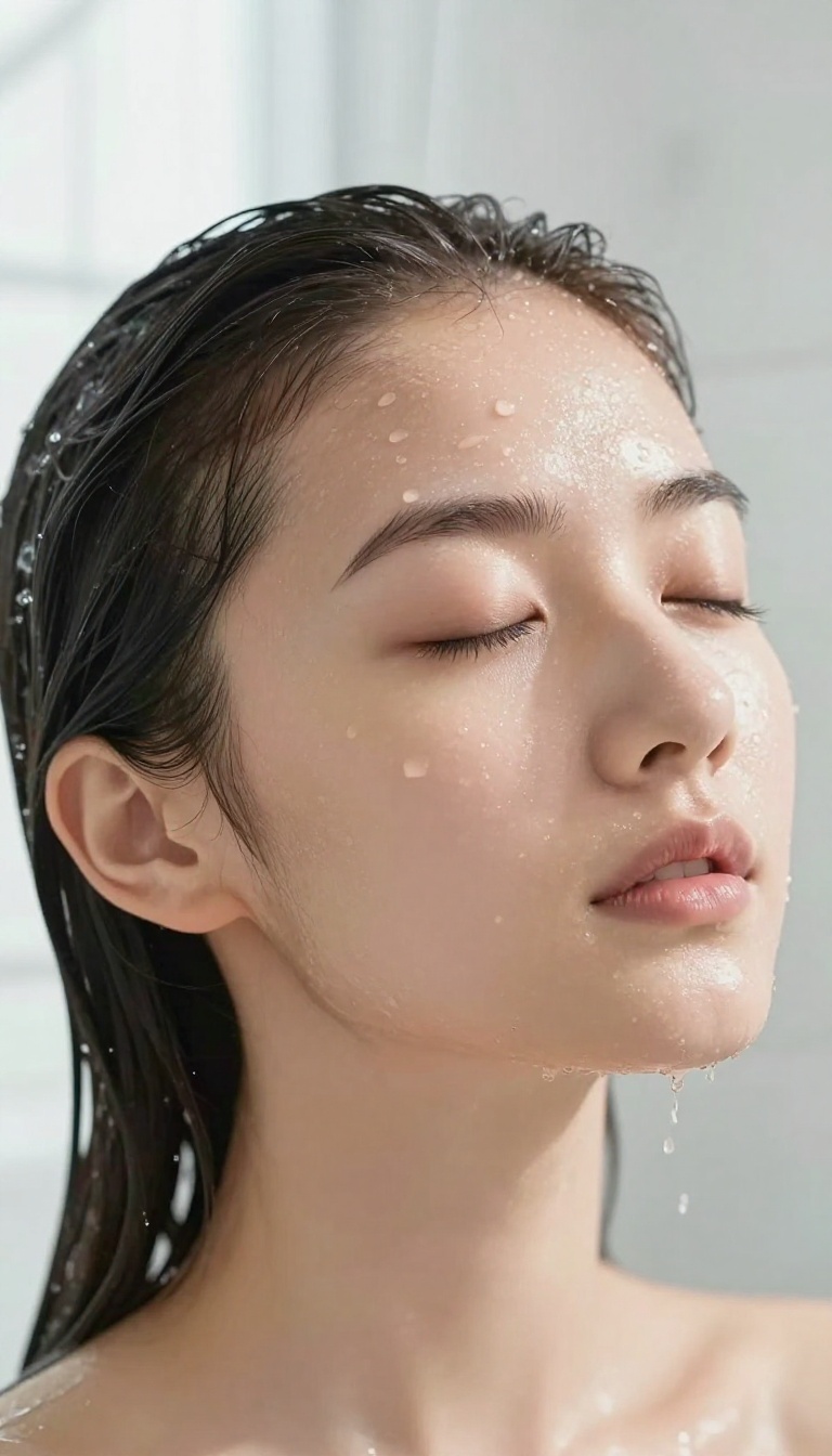 Woman enjoying a cool water rinse after shower, with water droplets on her skin and wet hair, in a bright bathroom.