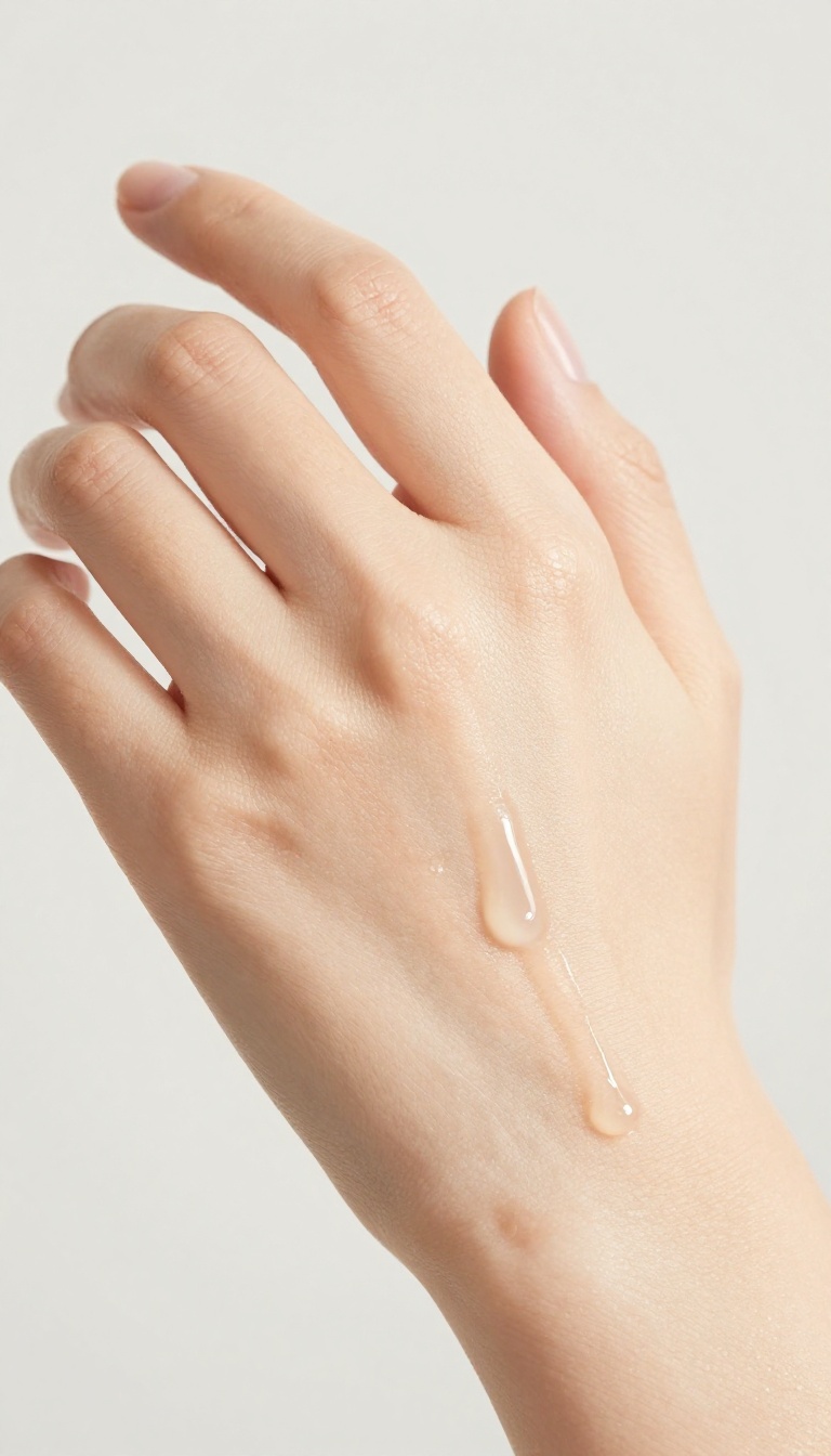 Hand applying hydrating serum to damp glowing skin with dropper bottle