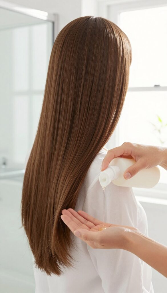 Woman with shiny hair holding clarifying shampoo in bright bathroom