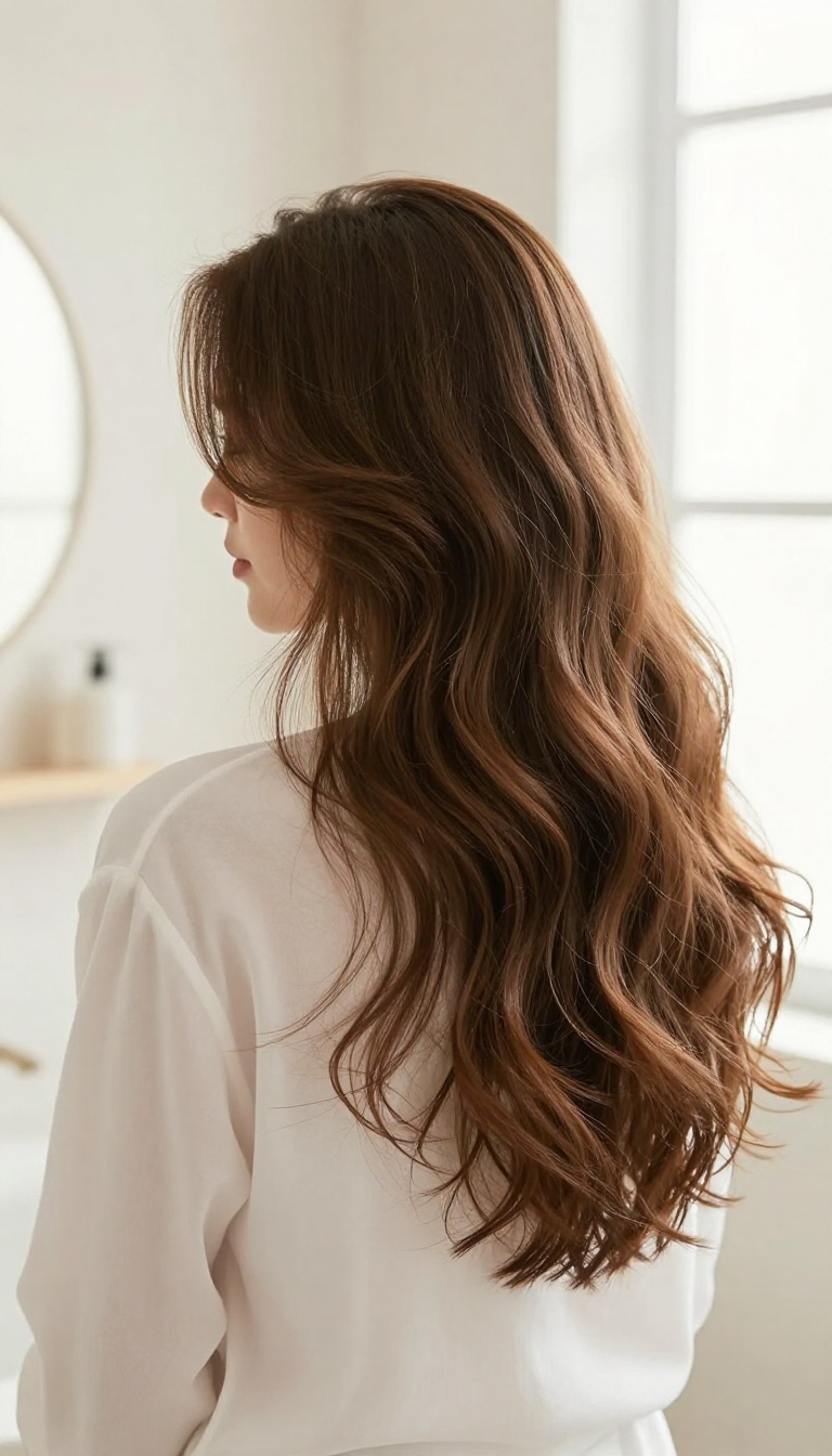 Woman with shiny, healthy hair in a bright bathroom, representing the benefits of not overwashing hair.