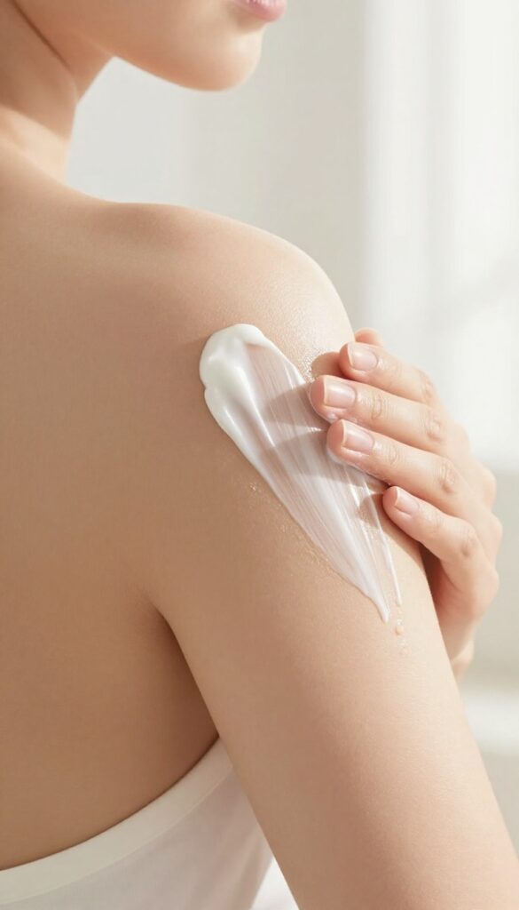 Applying calming body lotion with ceramides to achieve soft, glowing skin